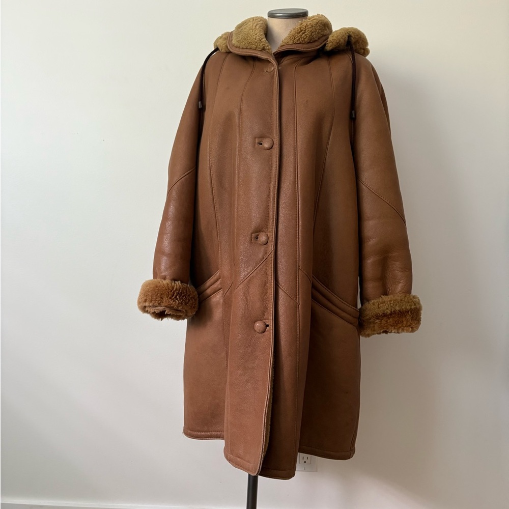 Women's Brown/Tan Vintage Leather and Shearling Coat. Extra Large